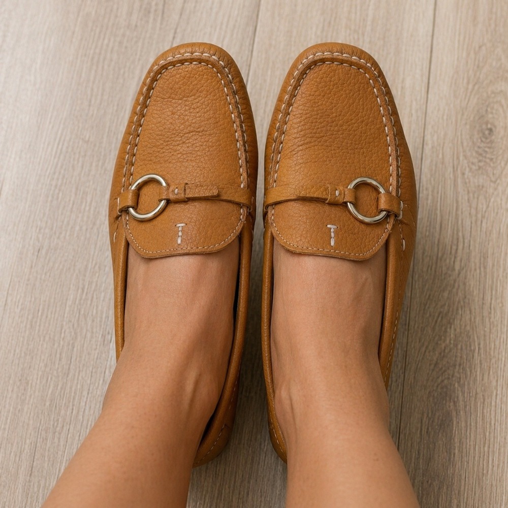 N.Y.L.A. Tan Pebbled Leather Driving Loafers Silver Ring Detail Tan Shoes